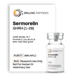 Sermorelin 15mg peptide vial by Deluxe Peptides laboratory-grade purity label