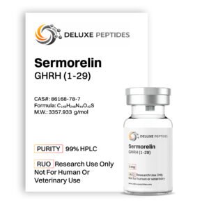 Sermorelin 2mg peptide vial by Deluxe Peptides laboratory-grade purity label