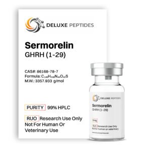 Sermorelin 5mg peptide vial by Deluxe Peptides laboratory-grade purity label