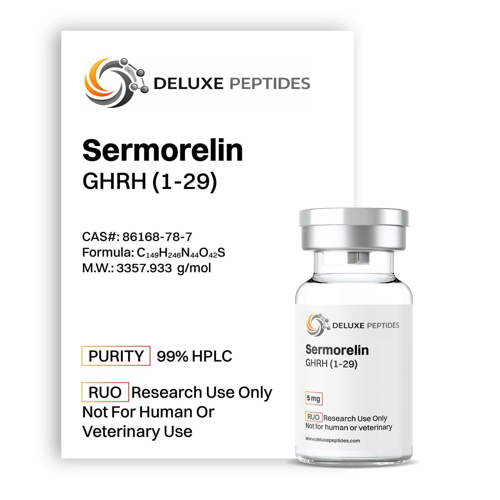 Sermorelin 5mg peptide vial by Deluxe Peptides laboratory-grade purity label