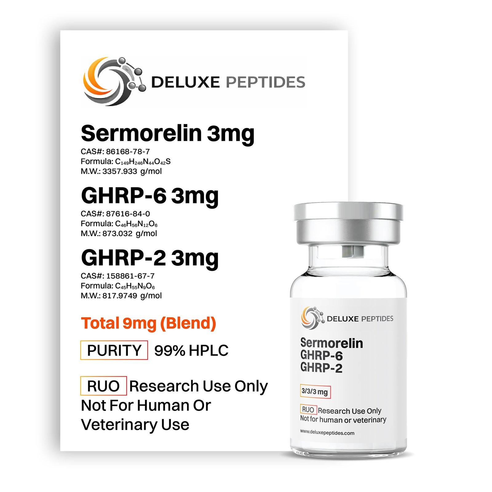 Sermorelin GHRP-6 GHRP-2 9mg peptide blend vial by Deluxe Peptides laboratory grade